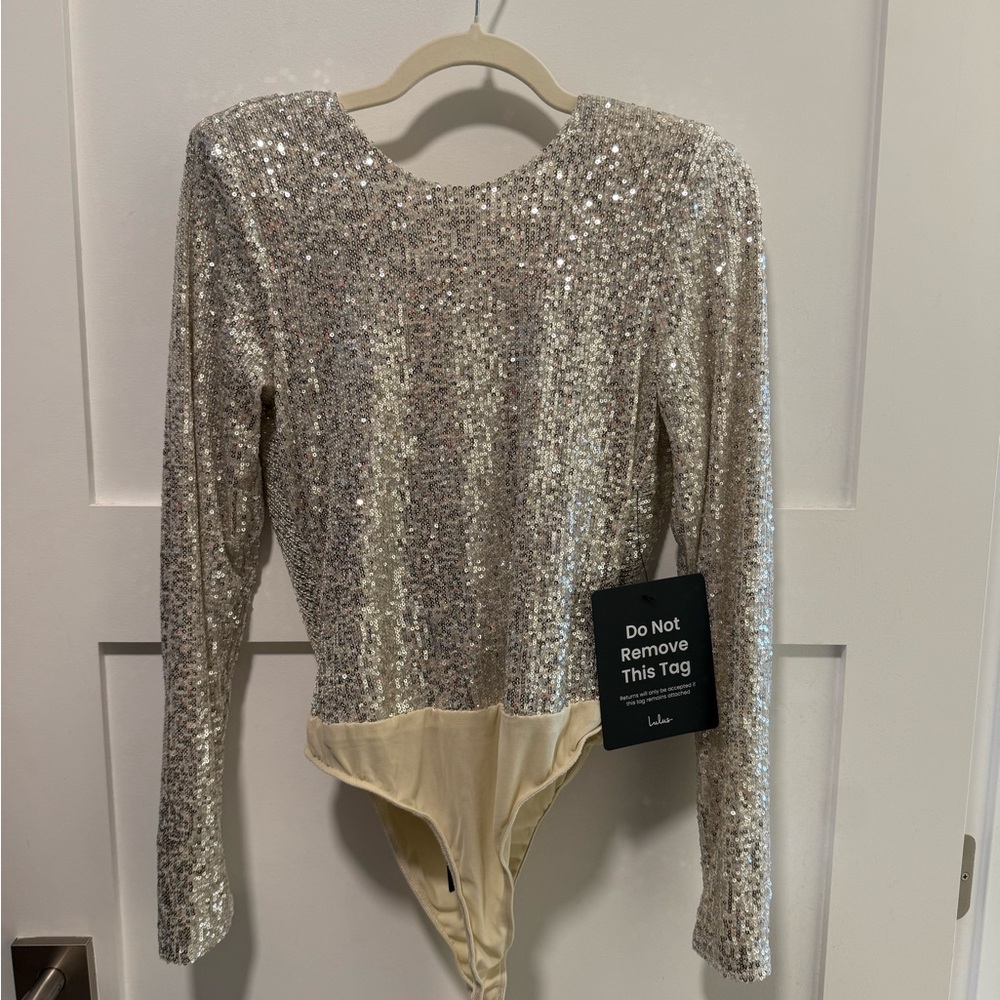 Lulu's Shimmering Love Silver Sequin Cowl Back Bodysuit - Picture 3 of 5